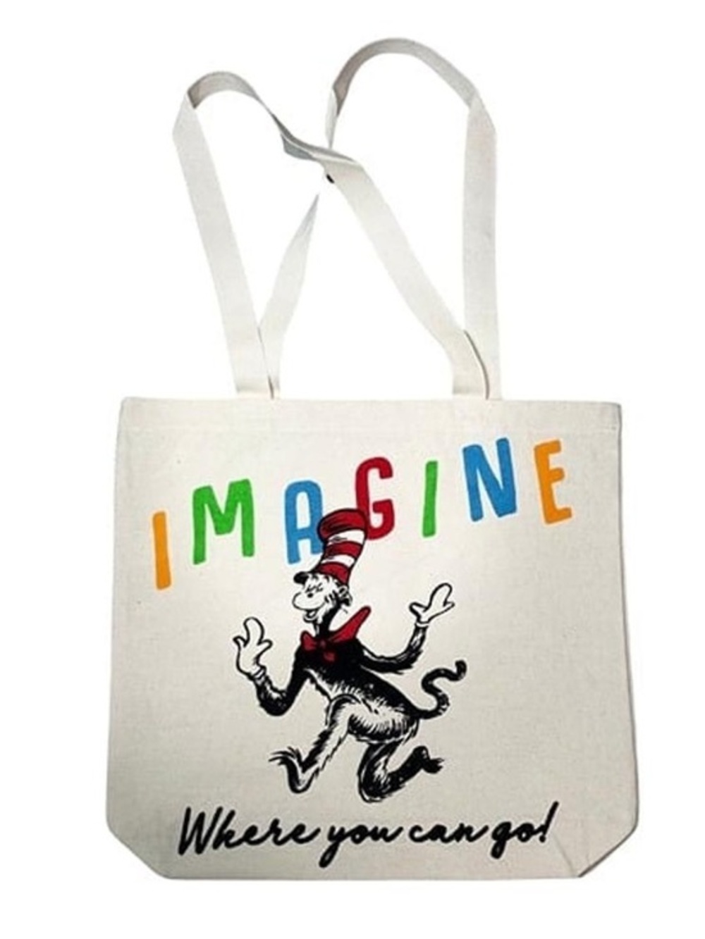 Dr. Seuss nwt Canvas Imagine Tote with Multicolor Lettering cat in the hat